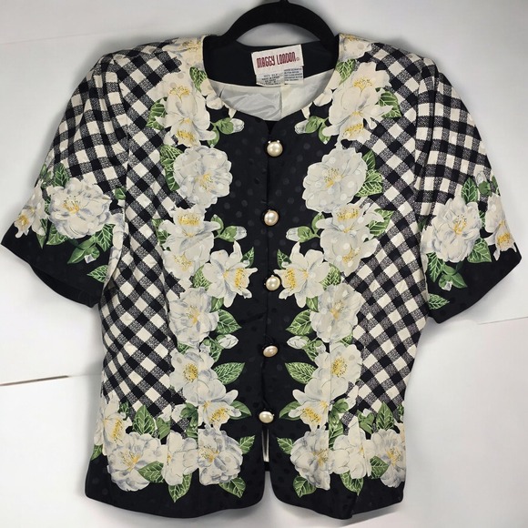 Vintage Maggy London Silk Skirt Set Woman 8 Black White Gingham Floral Old Money - Picture 2 of 13